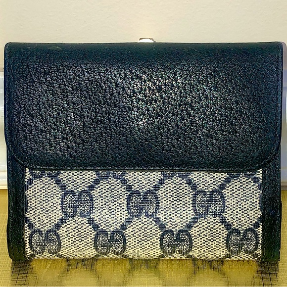 GUCCI GG Web Monogram Navy Blue Leather Coated Canvas Compact Bifold Wallet - Picture 3 of 17